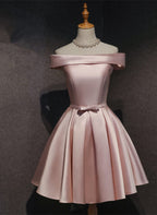 Cute Pink Satin Off Shoulder Knee Length Formal Dress, Lovely Prom Dress