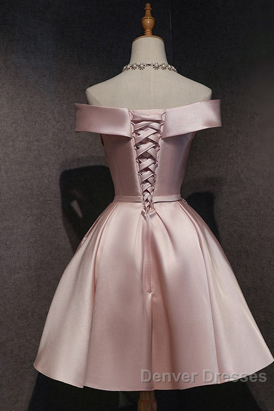 Cute Pink Satin Off Shoulder Knee Length Formal Dress, Lovely Prom Dress Secondary image