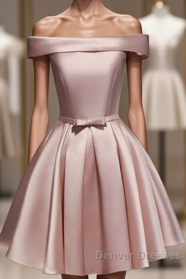 Cute Pink Satin Off Shoulder Knee Length Formal Dress, Lovely Prom Dress Main image