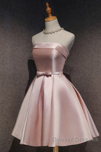 Cute Pink Satin Scoop Knee Length Short Prom Dress Homecoming Dress, Pink Formal Dress