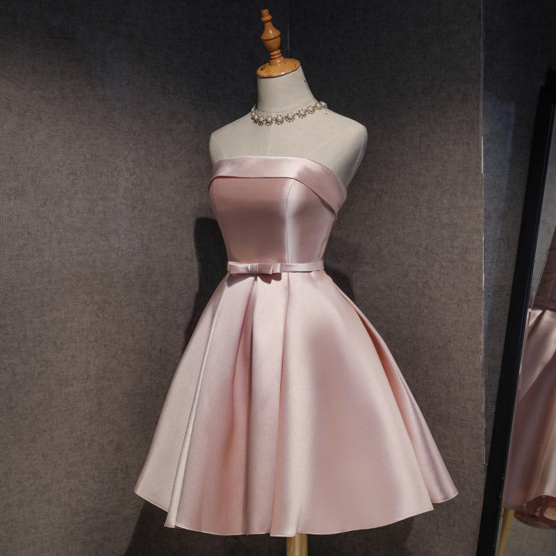 Cute Pink Satin Scoop Knee Length Short Prom Dress Homecoming Dress, Pink Formal Dress Secondary image