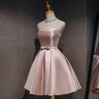 Cute Pink Satin Scoop Knee Length Short Prom Dress Homecoming Dress, Pink Formal Dress
