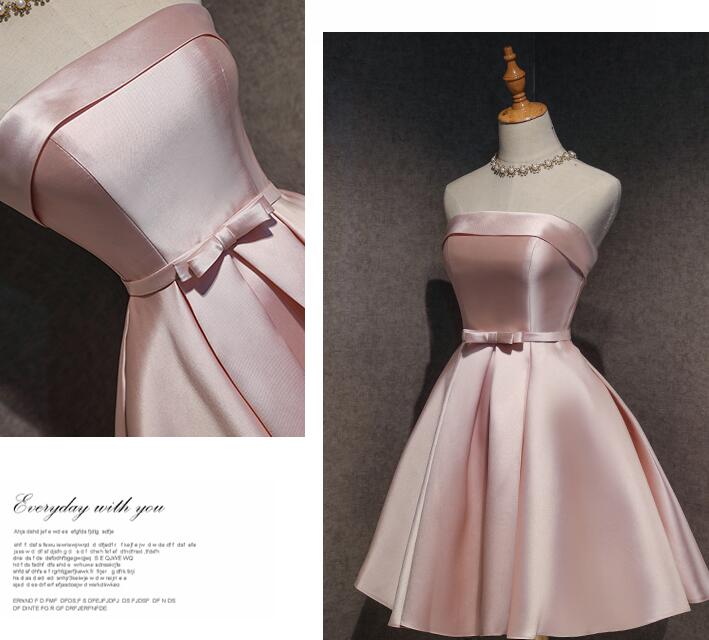 Cute Pink Satin Scoop Knee Length Short Prom Dress Homecoming Dress, Pink Formal Dress