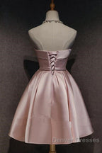 Cute Pink Satin Scoop Knee Length Short Prom Dress Homecoming Dress, Pink Formal Dress