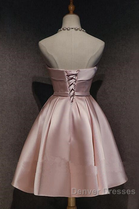 Cute Pink Satin Scoop Knee Length Short Prom Dress Homecoming Dress, Pink Formal Dress