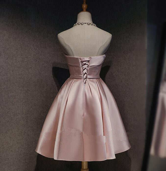 Cute Pink Satin Scoop Knee Length Short Prom Dress Homecoming Dress, Pink Formal Dress