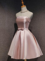 Cute Pink Satin Scoop Knee Length Short Prom Dress Homecoming Dress, Pink Formal Dress
