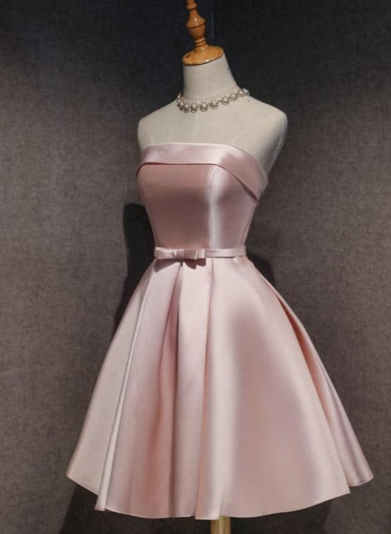Cute Pink Satin Scoop Knee Length Short Prom Dress Homecoming Dress, Pink Formal Dress