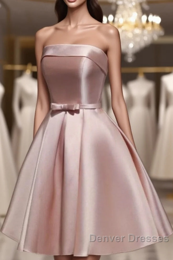 Cute Pink Satin Scoop Knee Length Short Prom Dress Homecoming Dress, Pink Formal Dress Main image