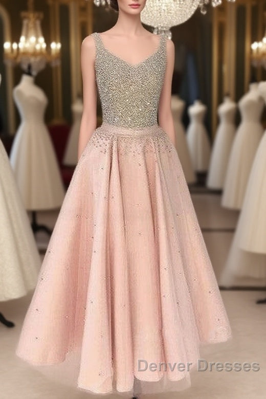 Cute Pink Sequin Tea-Long Prom Dress, Pink Sequin Formal Dress For Teens