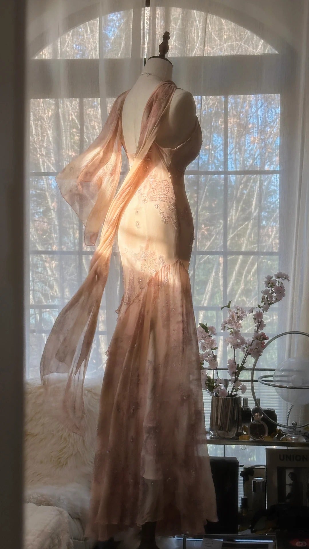 Cute Pink Shoulder Strap Flowing Ribbon Chiffon Beaded Long Prom Dress