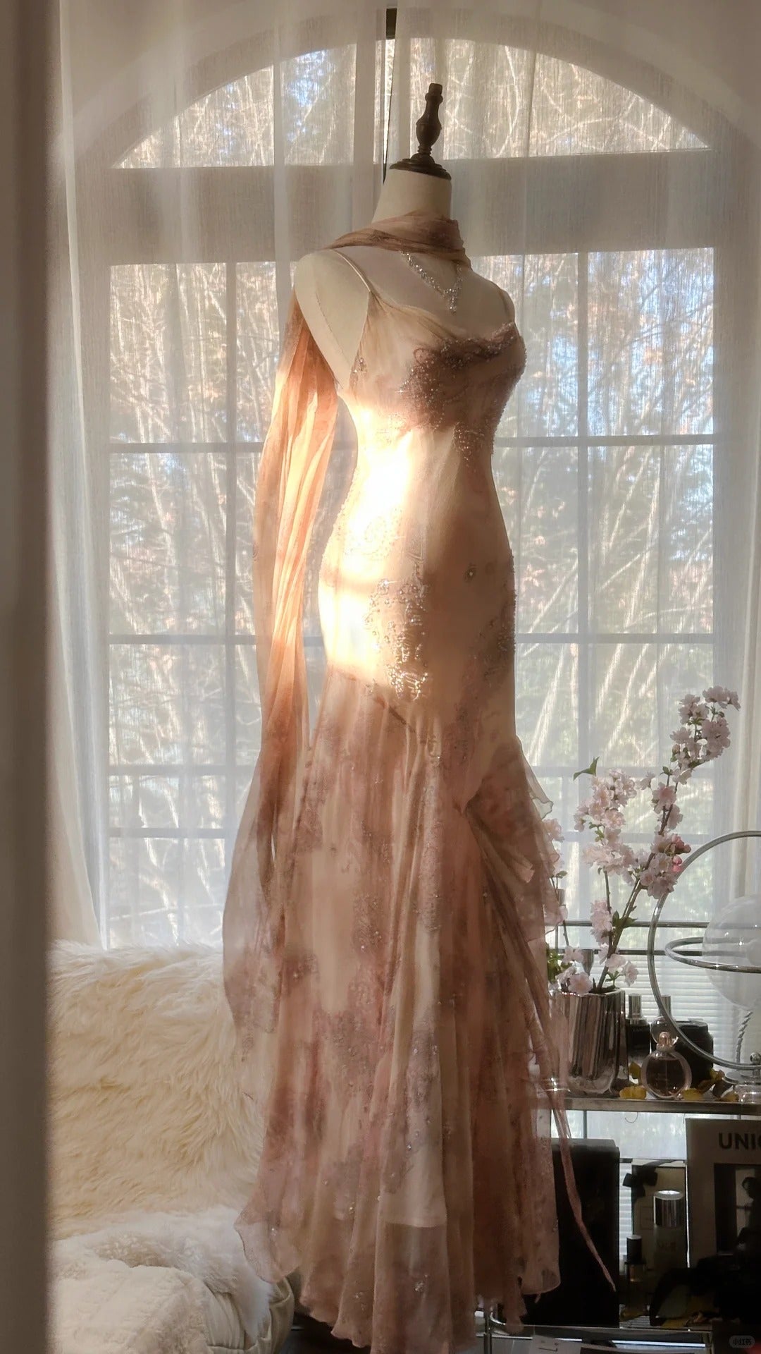 Cute Pink Shoulder Strap Flowing Ribbon Chiffon Beaded Long Prom Dress