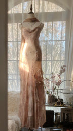 Cute Pink Shoulder Strap Flowing Ribbon Chiffon Beaded Long Prom Dress