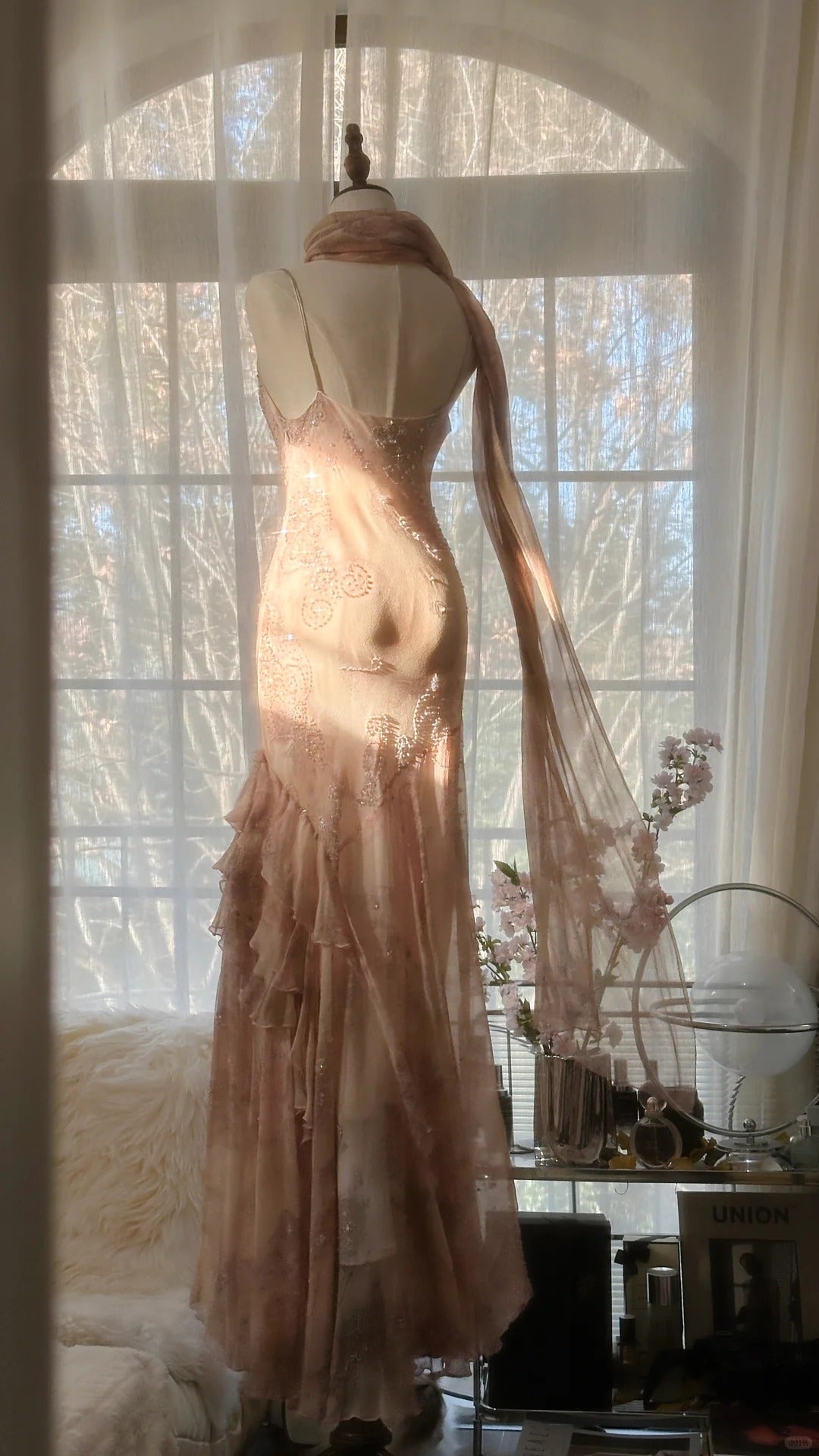 Cute Pink Shoulder Strap Flowing Ribbon Chiffon Beaded Long Prom Dress