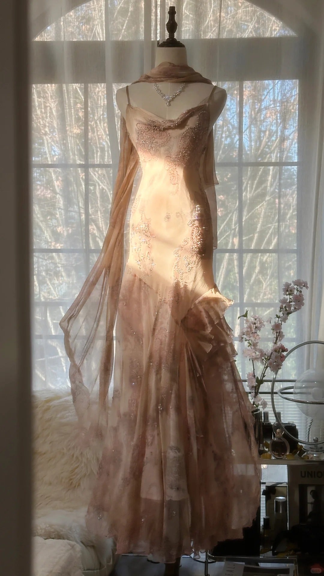 Cute Pink Shoulder Strap Flowing Ribbon Chiffon Beaded Long Prom Dress Main image