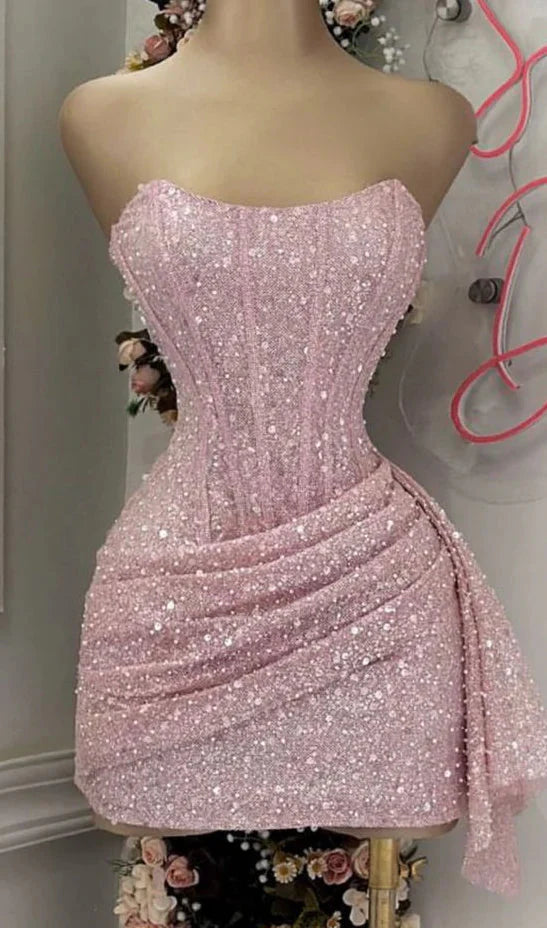 Cute Pink Sleeveless Sequined Slim Fit Hip 17Th Birthday Homecoming Dress