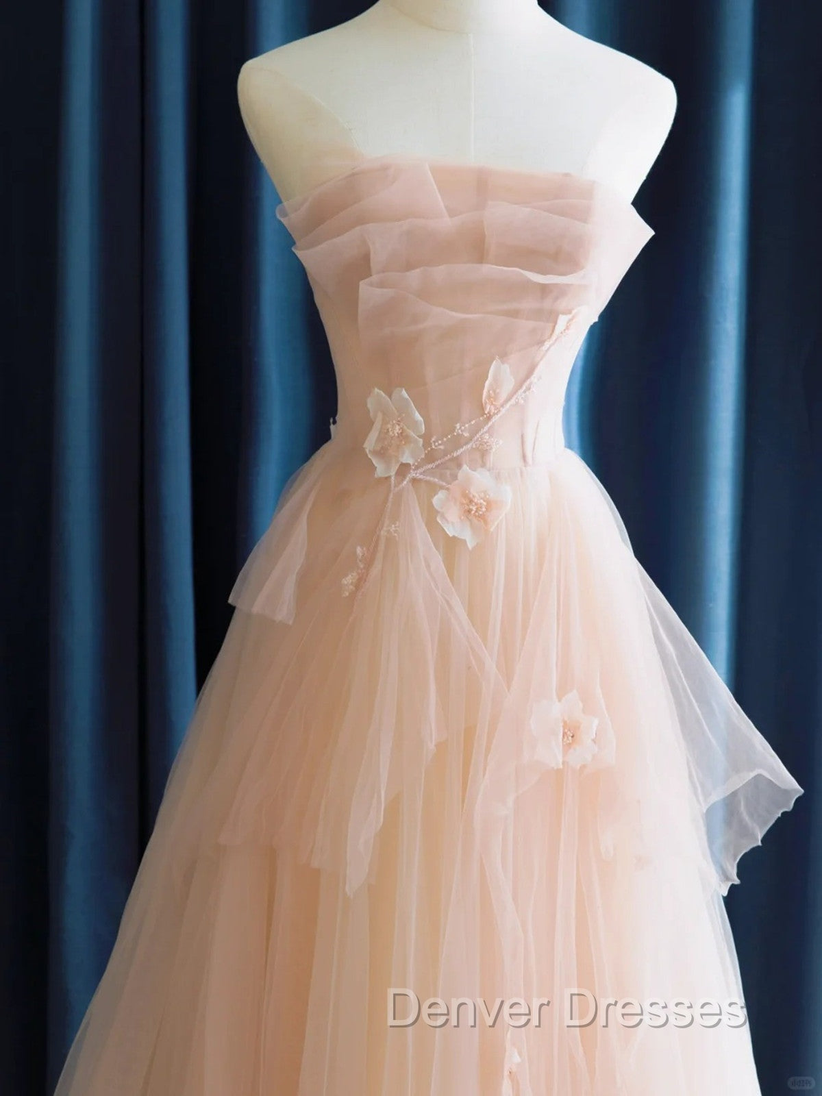 Cute Pink  Strapless Tulle Long Formal Dress with Flowers, Pink Tulle Prom Dress Secondary image