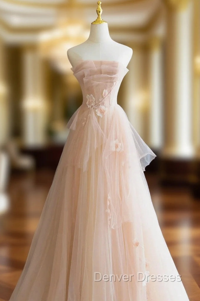 Cute Pink  Strapless Tulle Long Formal Dress with Flowers, Pink Tulle Prom Dress Main image
