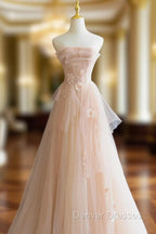 Cute Pink  Strapless Tulle Long Formal Dress with Flowers, Pink Tulle Prom Dress