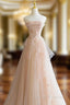 Cute Pink  Strapless Tulle Long Formal Dress with Flowers, Pink Tulle Prom Dress