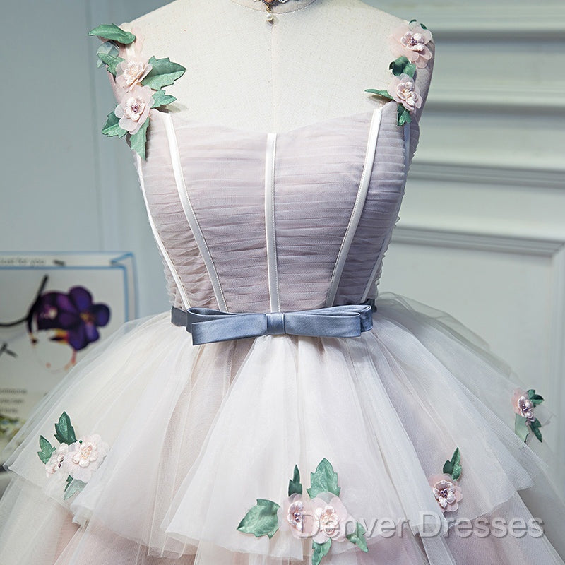 Cute Pink Tulle Short Flowers Lace Layers Formal Dress, Pink Short Homecoming Dress