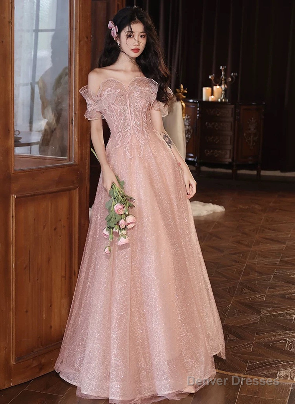 Cute Pink Tulle Sweetheart Off Shoulder Party Dress, Pink Tulle Long Prom Dress Main image
