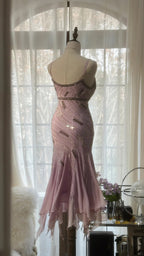 Cute Purple Strap Beaded Chiffon Mermaid Short Prom Dress