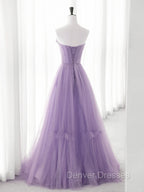Cute Purple Tulle A-Line Long Prom Dress With Flowers, Purple Tulle Party Dress