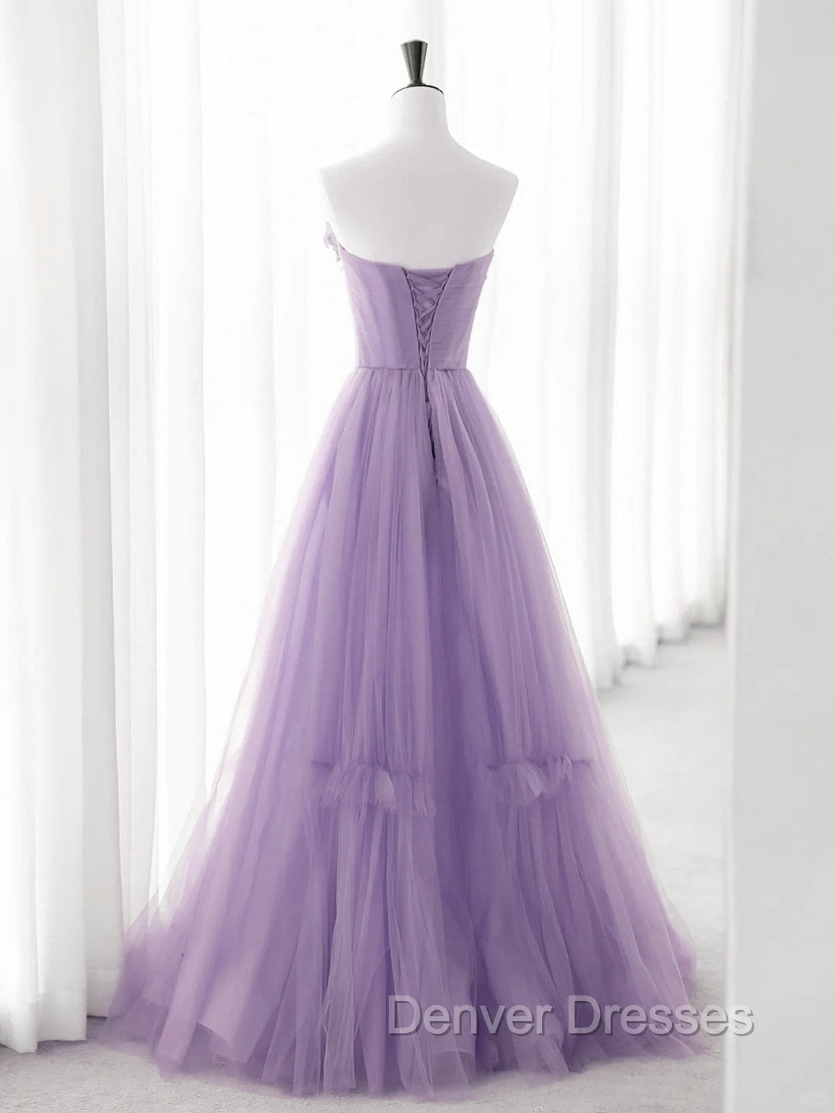 Cute Purple Tulle A-Line Long Prom Dress With Flowers, Purple Tulle Party Dress