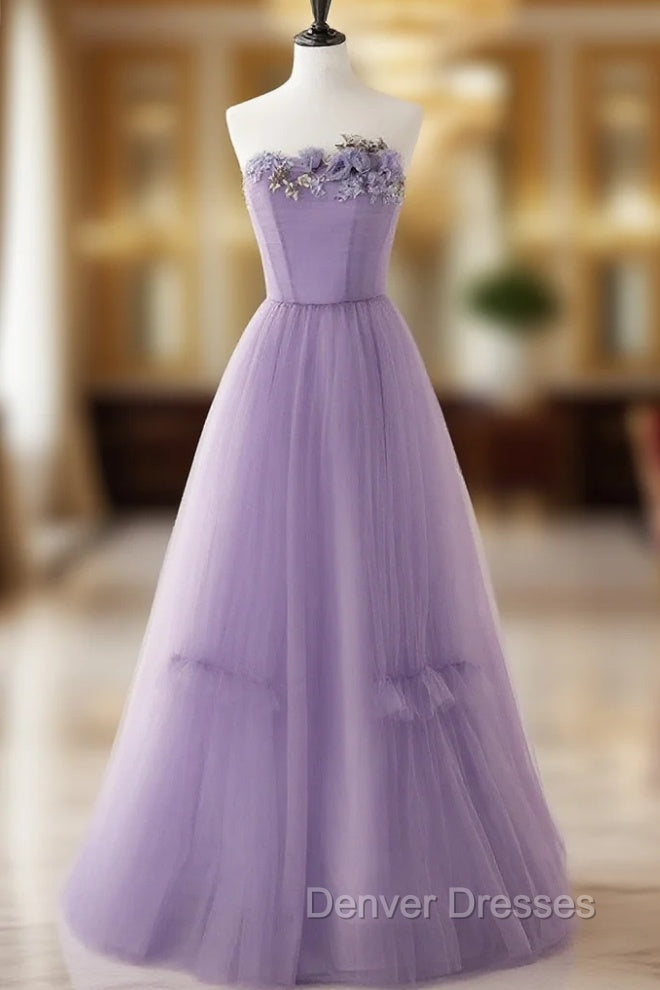 Cute Purple Tulle A-Line Long Prom Dress With Flowers, Purple Tulle Party Dress Main image