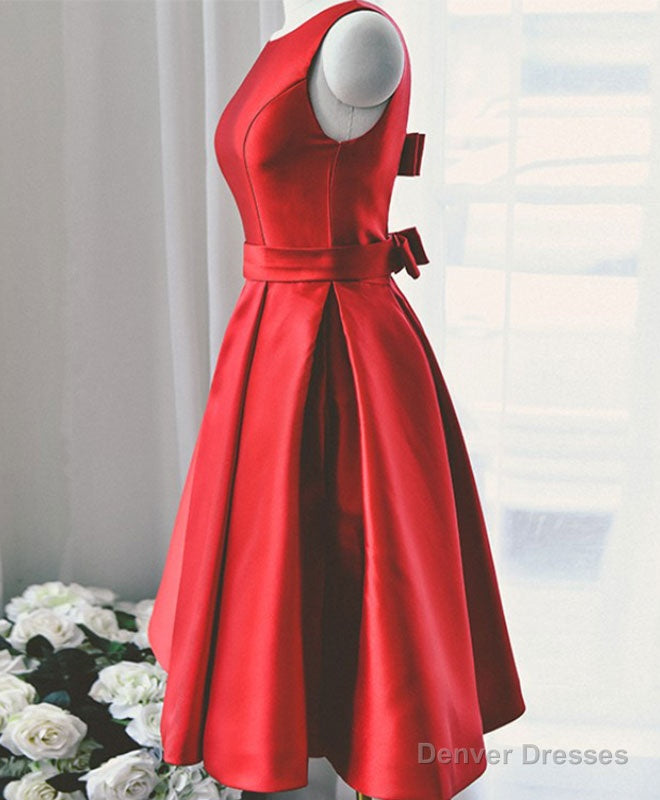 Cute Red A Line Satin Short Prom Dress, Backless Red Homecoming Dresses Main image