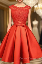 Cute Red Homecoming Dress, Round Neckline Lace and Satin Party Dress