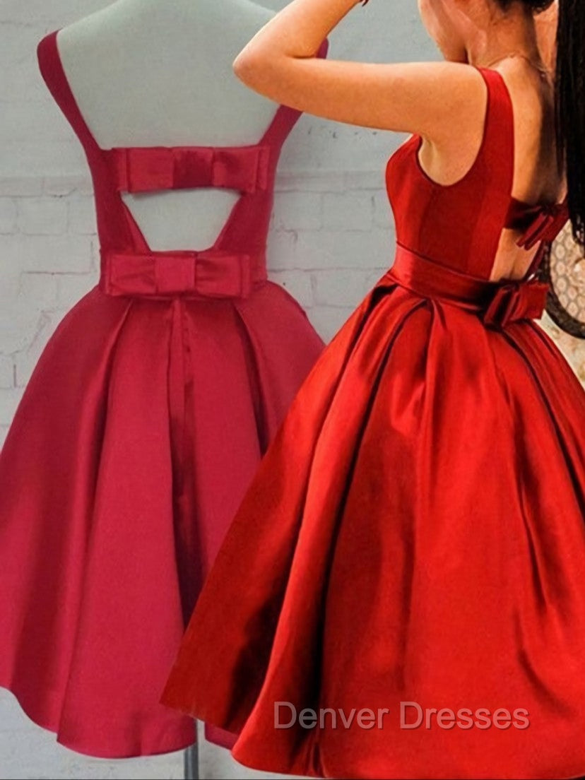 Cute Red Satin Scoop Sleeveless Short Party Dress, Red Homecoming Dress