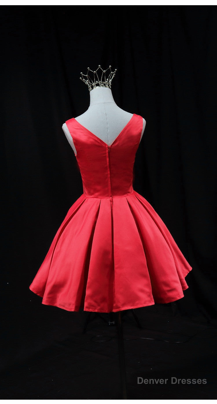 Cute Red Satin Short Party Dress Prom Dress, Red Round Neckline Homecoming Dress Main image