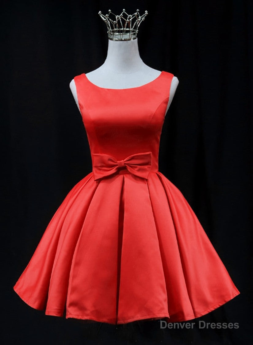 Cute Red Satin Short Party Dress Prom Dress, Red Round Neckline Homecoming Dress Secondary image