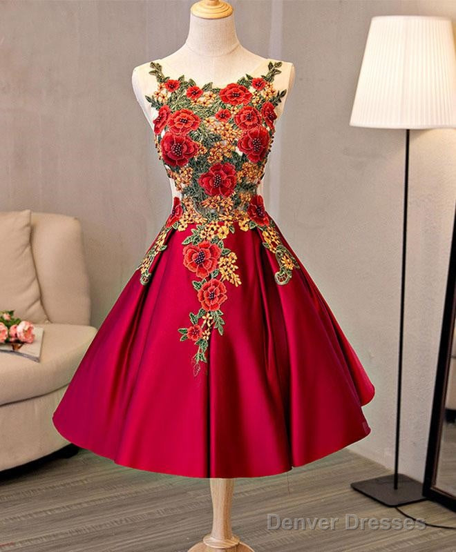 Cute Red Satin With Embroidery Knee Length Homecoming Dress, Short Party Dress Secondary image