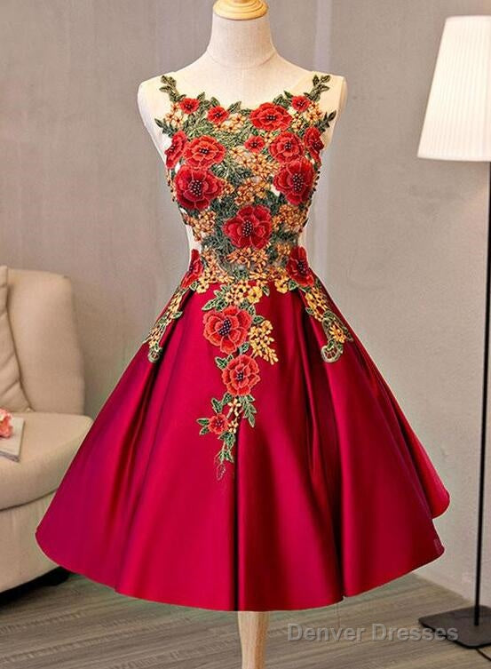 Cute Red Satin With Embroidery Knee Length Homecoming Dress, Short Party Dress Main image