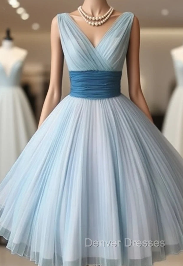 Cute Retro V Neck Blue Short Prom Dress, Bridesmaid Dress Main image