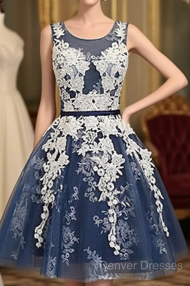 Cute Round Neck Lace Tulle Dark Blue Short Prom Dress, Bridesmaid Dress