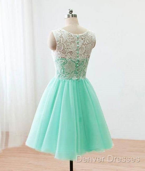 Cute Round Neck Lace Tulle Short Green Prom Dress, Bridesmaid Dress