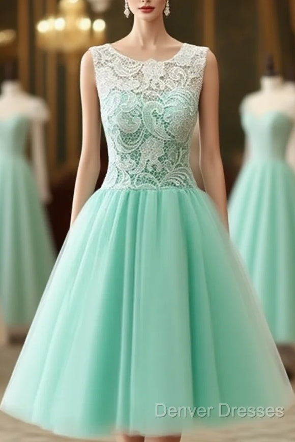 Cute Round Neck Lace Tulle Short Green Prom Dress, Bridesmaid Dress Main image