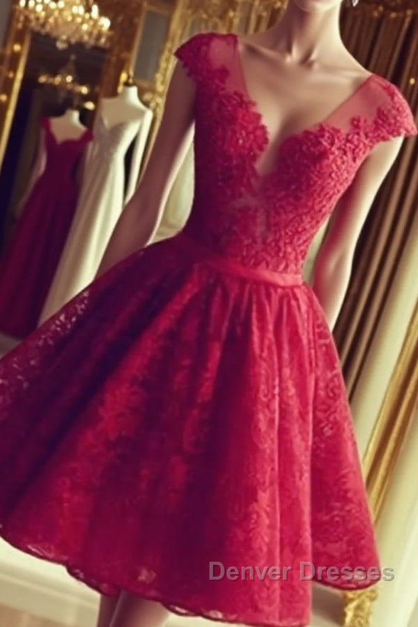 Cute Round Neck Red Lace Short Prom Dress, Red Homecoming Dress