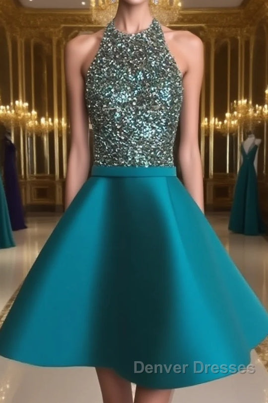 Cute Round Neck Sequin Backless Green Short Prom Dress, Green Homecoming Dress Main image