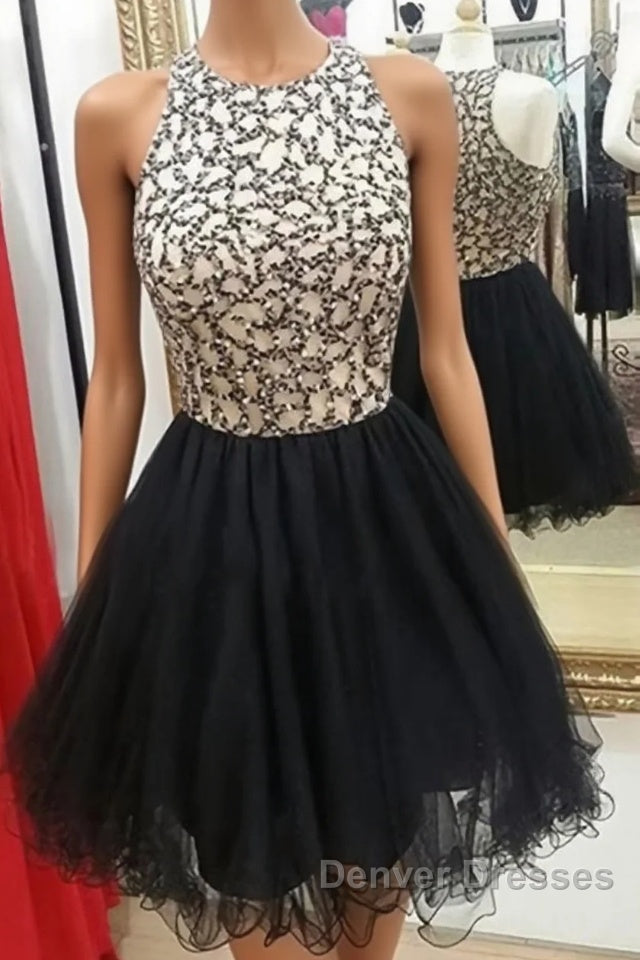 Cute Round-Neck Sequin Tulle Short Black Prom Dress, Black Homecoming Dress