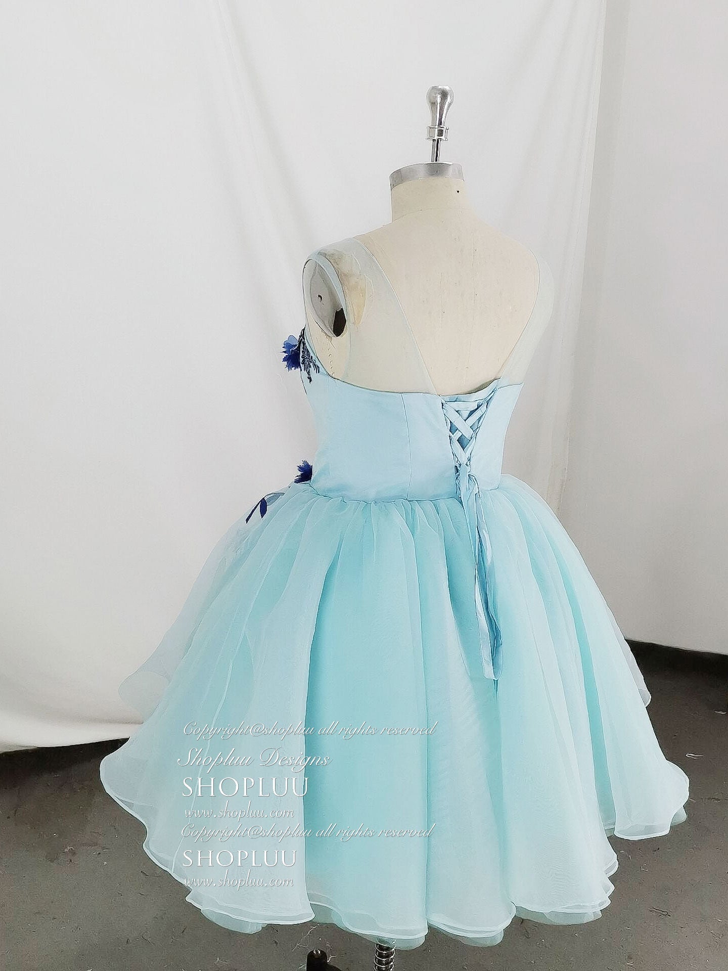 Cute Round Neck Tulle Lace Short Prom Dress, Blue Homecoming Dress Main image