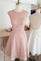 Cute round neck tulle lace short prom Dress lace bridesmaid Dress