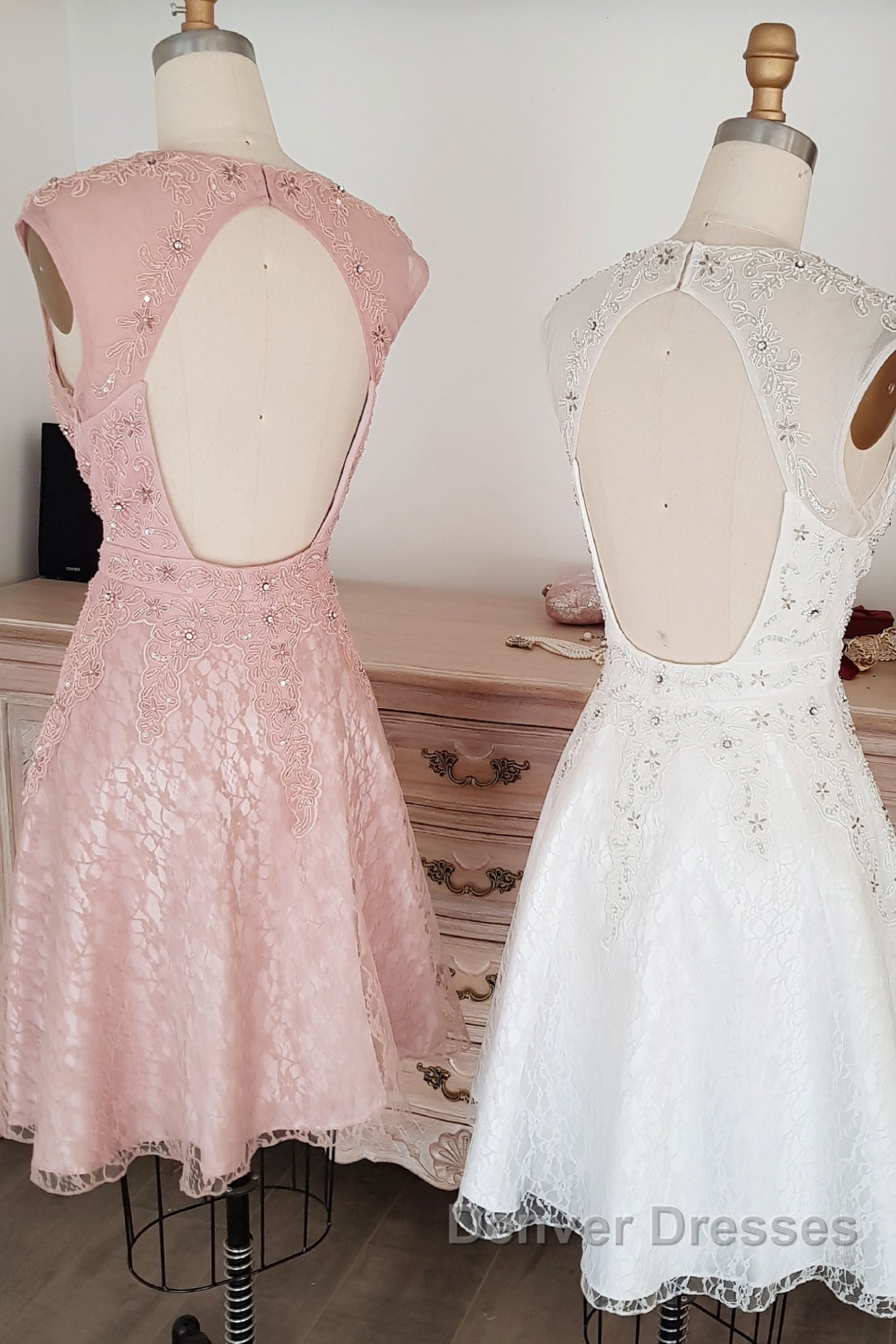 Cute round neck tulle lace short prom Dress lace bridesmaid Dress