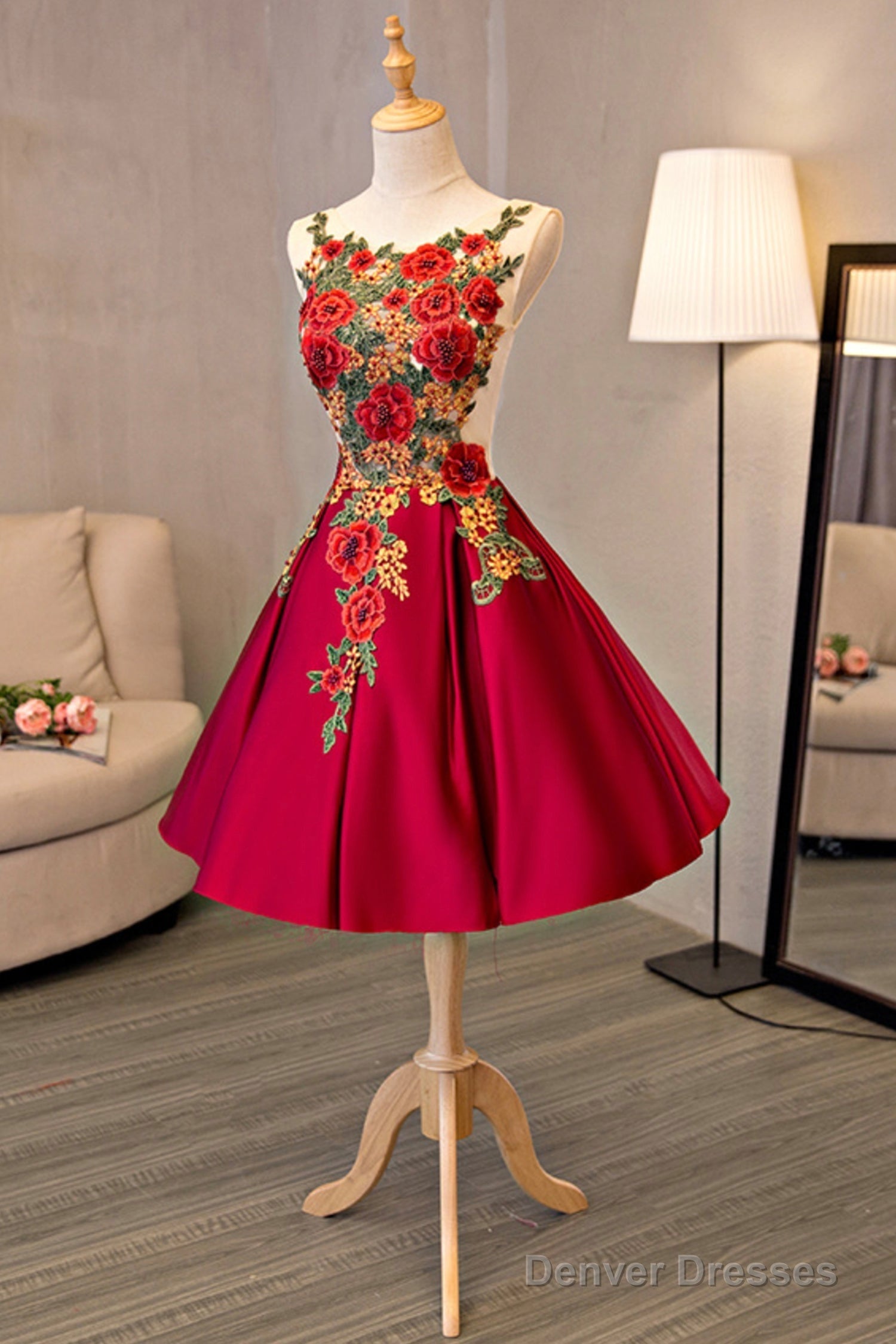 Cute Saitn Lace Short Prom Dresses, A-Line Party Dresses Main image