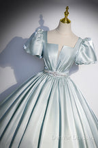Cute Satin Floor Length Prom Dress, A-Line Short Sleeve Evening Party Dress