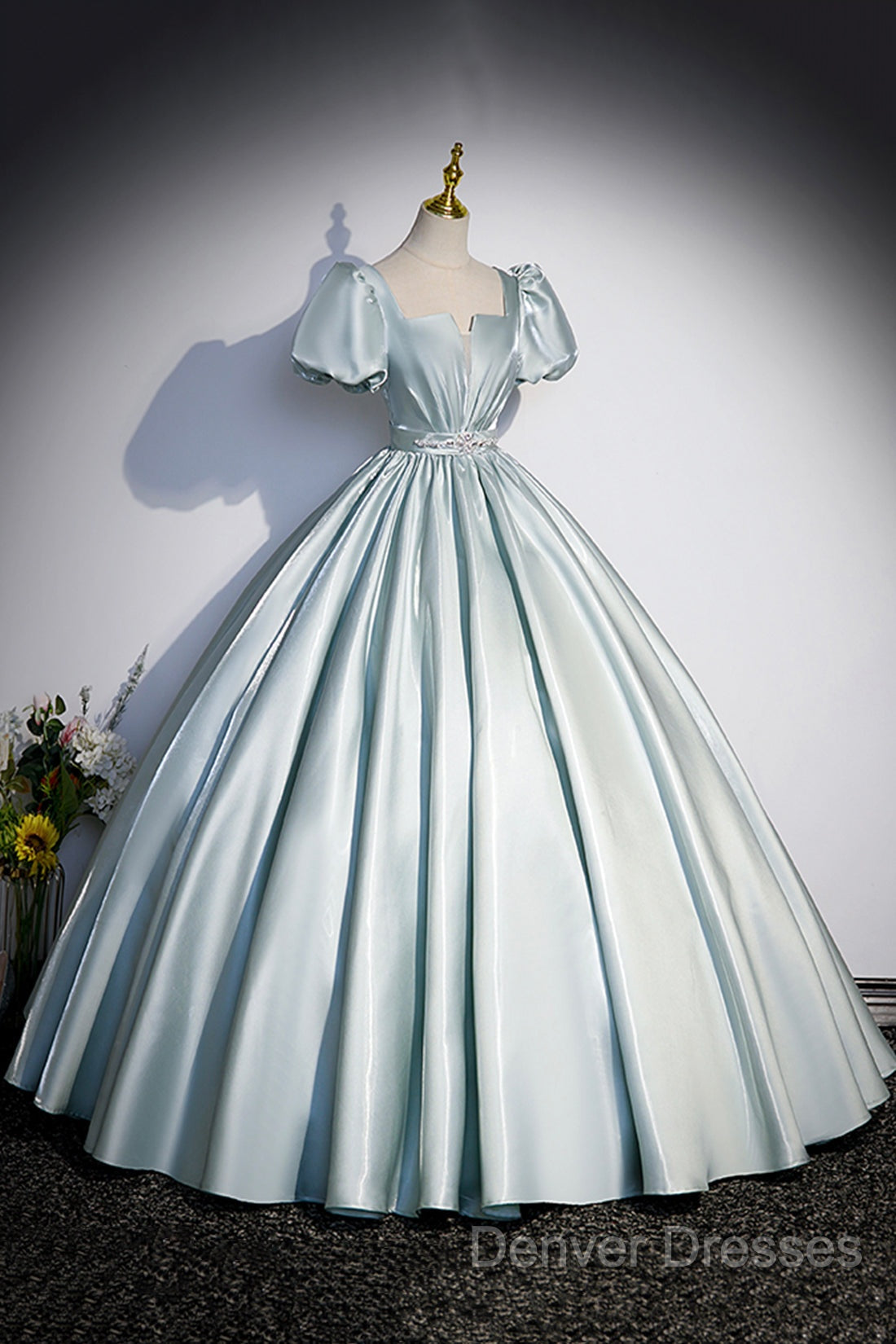 Cute Satin Floor Length Prom Dress, A-Line Short Sleeve Evening Party Dress